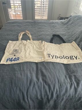 Typology & P448 Canvas Tote Duo - Cream with Black & Blue Print 2 for $15